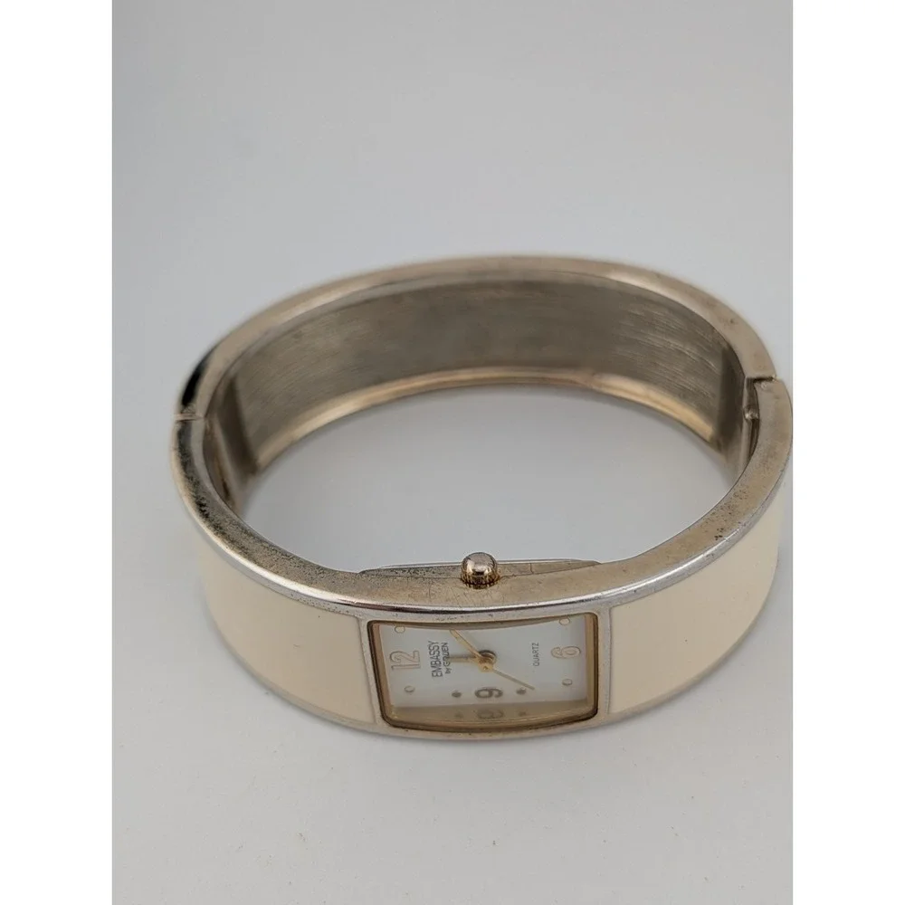 Embassy by Gruen Watch Women 20mm Case White Enamel Bangle Band- New Battery